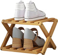 Bamboo Shoe Rack, 2 Tier Foldable Shoe Rack Extendable, Skinny Narrow Organizer for Entryway Closet, Khaki