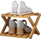 Bamboo Shoe Rack, 2 Tier Foldable Shoe Rack Extendable, Skinny Narrow Organizer for Entryway Closet, Khaki