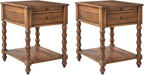 HULALA HOME Spindle Nightstands with Charging Station, Solid Wood Nightstand with Drawer Shelf, Side Table with Pull-Out Shelf (2, Walnut)