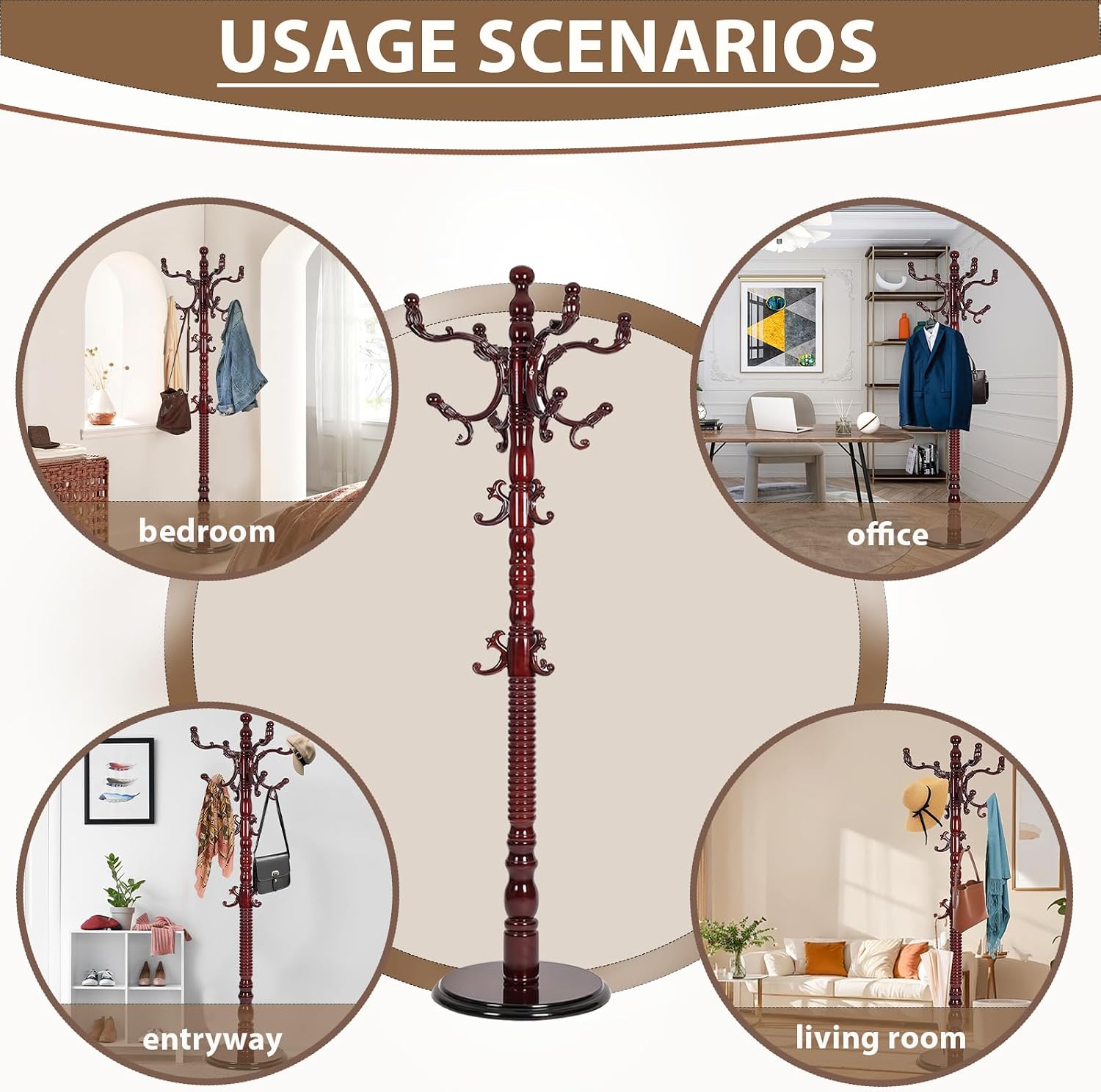 Solid Wooden Coat Rack Stand, Coat Racks Freestanding with 14 Hooks, Natural Birch Wood Coat stands with Sturdy Round Base, tree Coat Hanger Standing for Entryway Bedroom Office (Redwood disc)