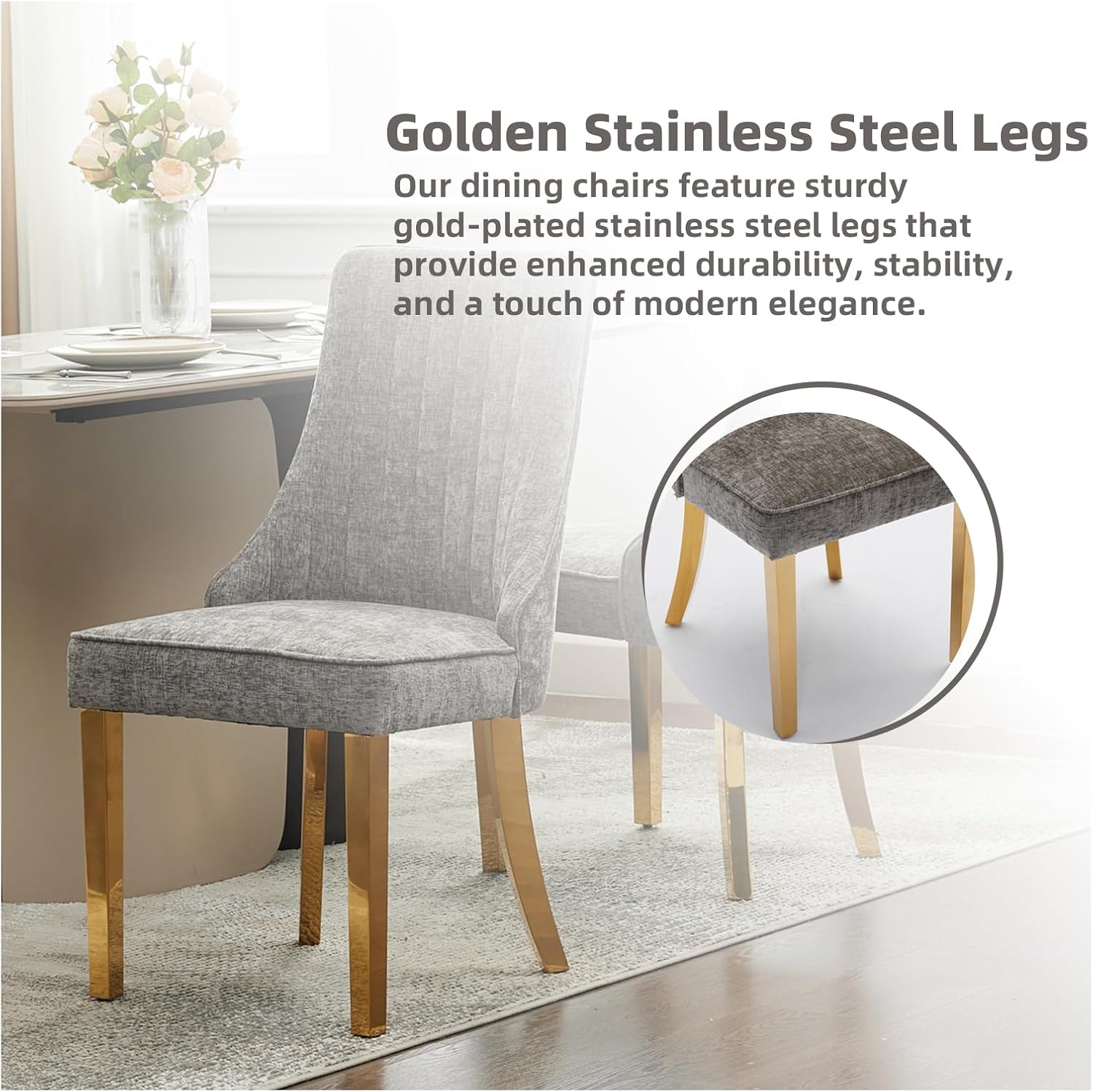 Dining Chairs Set of 6，Modern Channel Tufted Upholstered Dining Chairs with Golden Stainless Steel Legs, Comfortable Chenille Fabric Kitchen Chairs for Dining Room (Grey, 6pc)