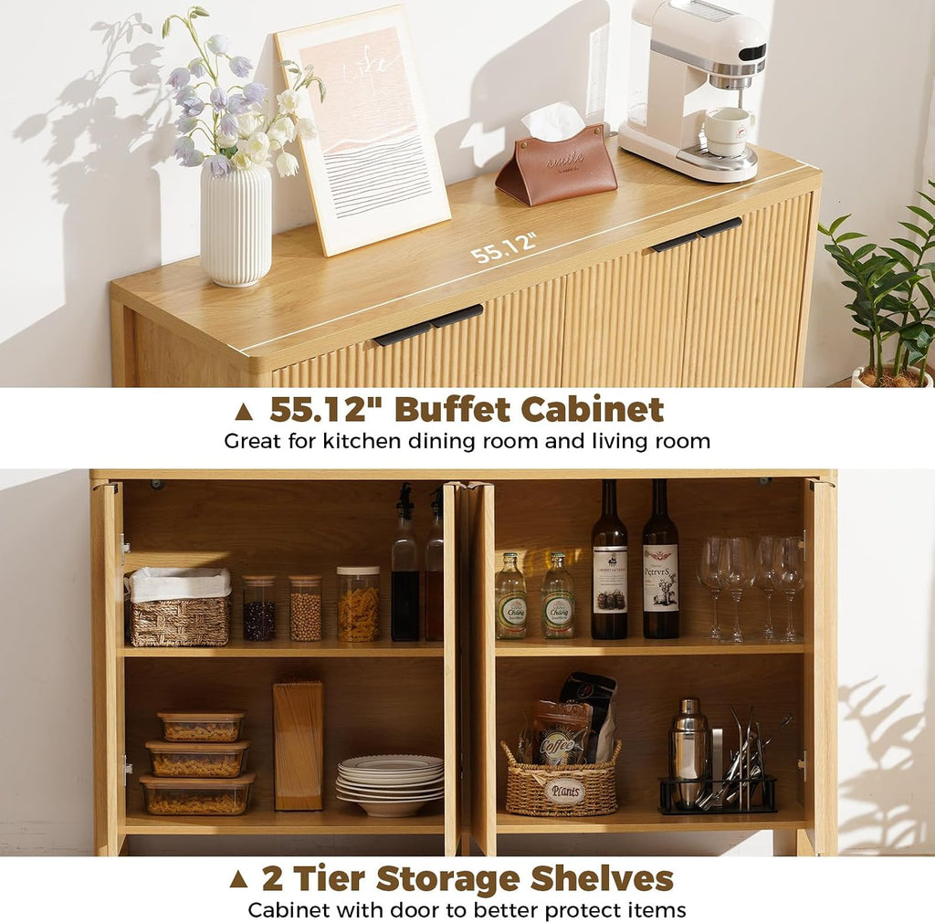HOMMPA 55'' Sideboard Buffet Cabinet with Storage Fluted Sideboard Buffet with Adjustable Shelves Coffee Bar Console Table Cabinet for Hallway Entryway Living Room or Kitchen Natural