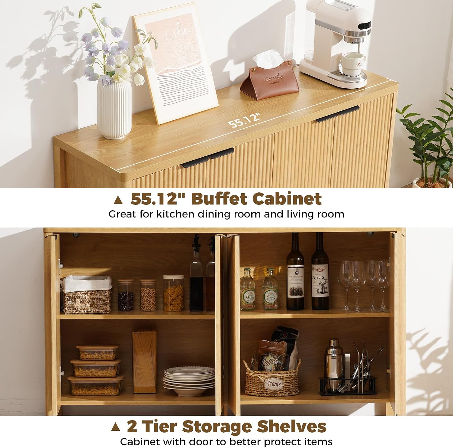 HOMMPA 55'' Sideboard Buffet Cabinet with Storage Fluted Sideboard Buffet with Adjustable Shelves Coffee Bar Console Table Cabinet for Hallway Entryway Living Room or Kitchen Natural