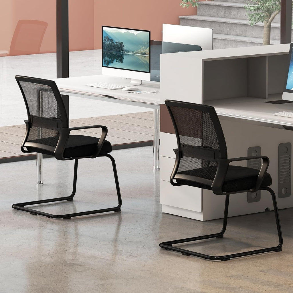 GOFLAME Office Guest Chair, Conference Chair with Lumbar Support & Metal Sled Base, Upholstered Ergonomic Mid-Back Mesh Chair, Executive Chair for Reception Conference Room, Waiting Room, 2 Pack