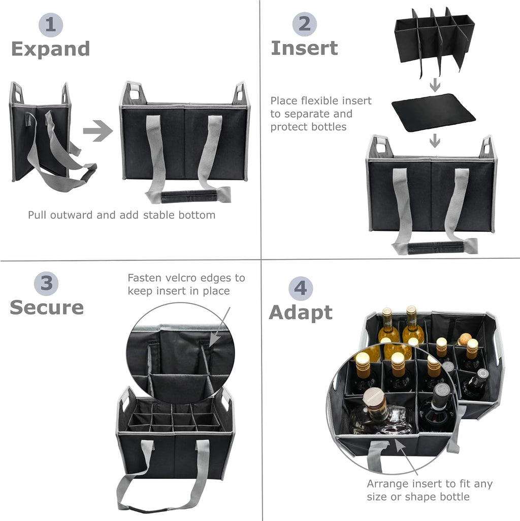 12 Bottle Wine Carrier Collapsible Reusable with Strap for Liquor Champagne Beer Glasses Storage Shopping Travel (Black)