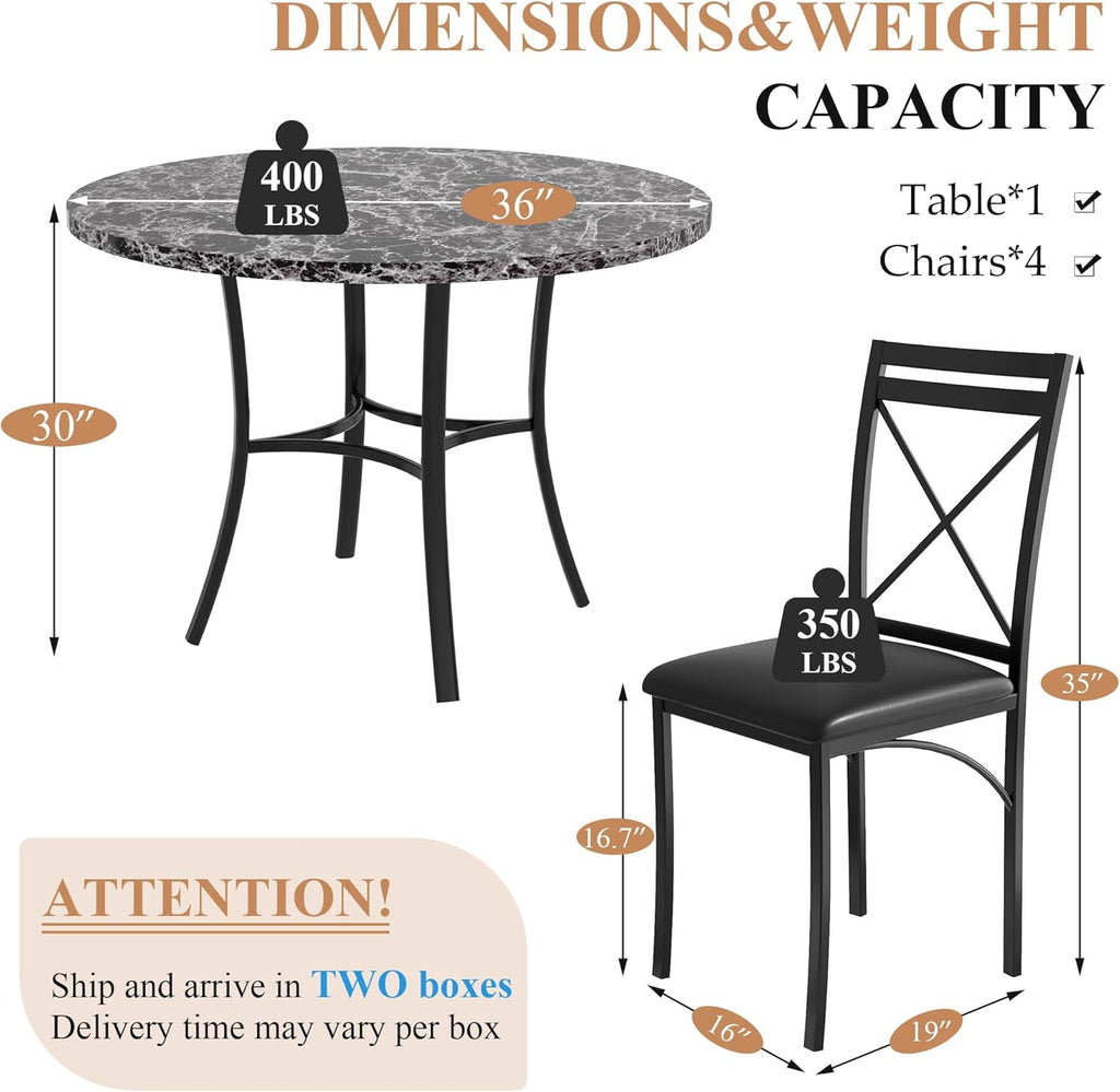 VECELO 5 Piece Dining Table Set for 4, Faux Marble Dinette with Chairs for Kitchen, Breakfast Nook, Small Space, Pure Black