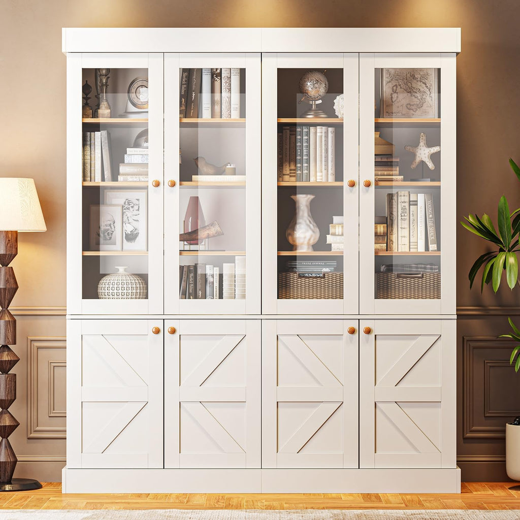 ivaniti 71" Tall Kitchen Pantry Cabinet, Rustic Farmhouse Storage Hutch with Glass Doors & Adjustable Shelves, Freestanding Wood Buffet Cabinet for Dining Room, Living Room, White