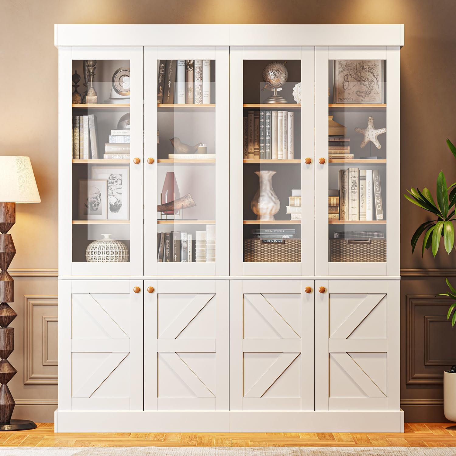 ivaniti 71" Tall Kitchen Pantry Cabinet, Rustic Farmhouse Storage Hutch with Glass Doors & Adjustable Shelves, Freestanding Wood Buffet Cabinet for Dining Room, Living Room, White