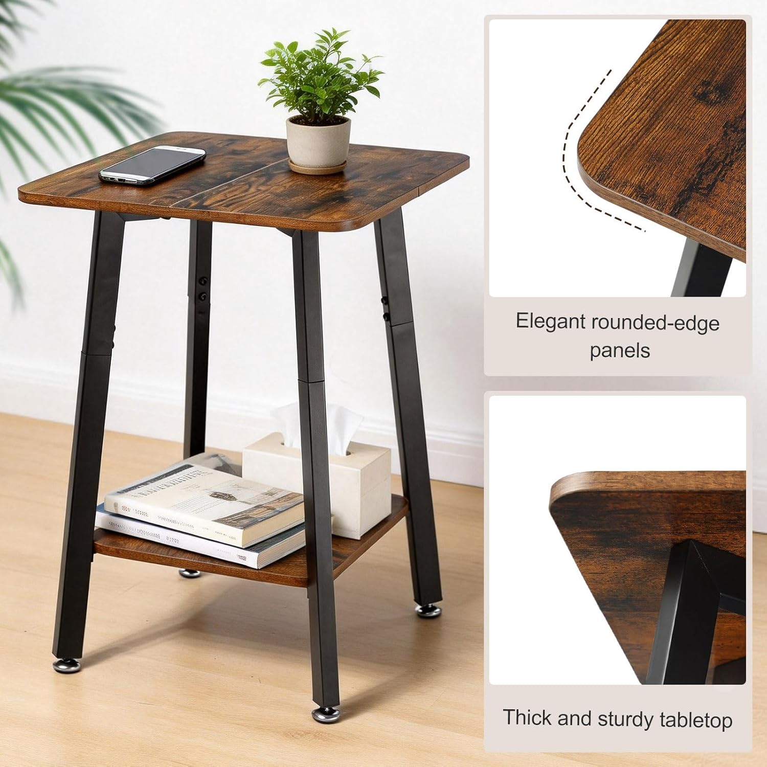 King Oasis 2-Tier Small Side Table for Living Room, End Table with Storage Shelf, Wood & Metal Bedside Table Nightstand for Small Spaces, Sturdy Sofa Side Table for Bedroom, Rustic Brown
