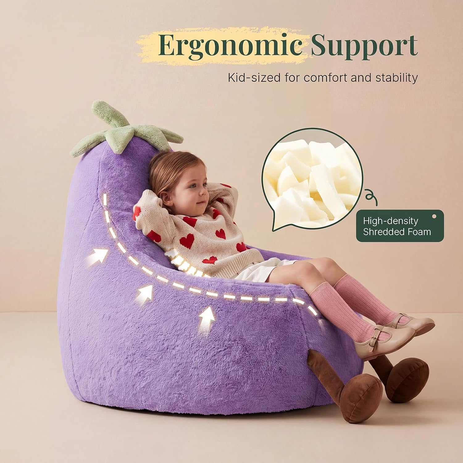 24" Kids Bean Bag Chair, Stuffed Toddler Couch with Faux Rabbit Fur Cover for Teens & Kids, Comfy Lazy Sofa Chair for Reader, Living Room, Bedroom, Aged 4-12 Years Purple