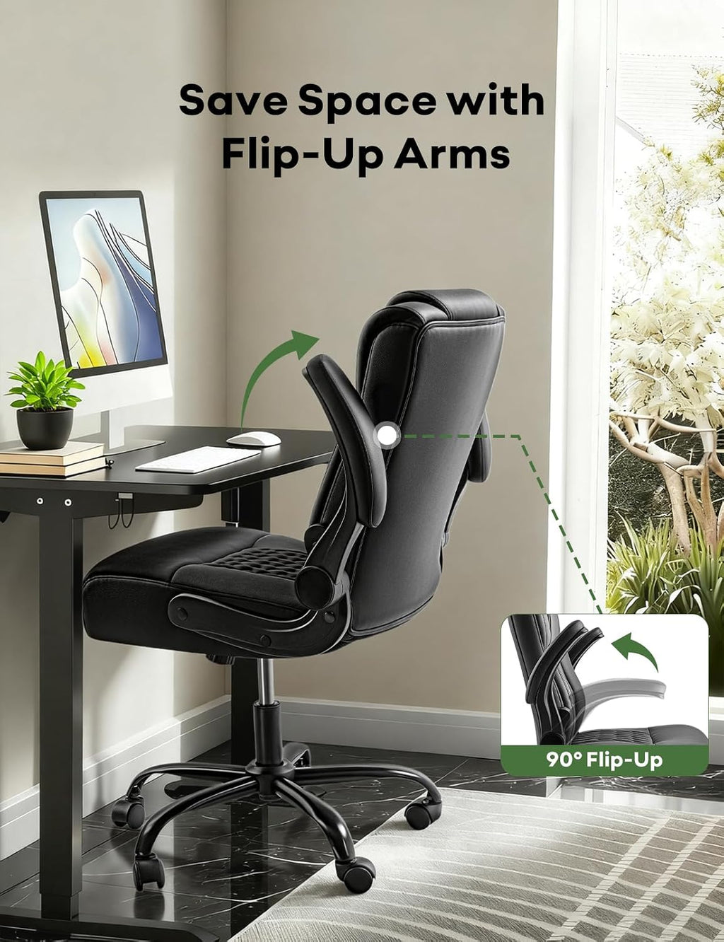 Executive Office Chair, Ergonomic Home Office Desk Chair with Lumbar Support & Flip-up Armrest, PU Leather Computer Seating for Short People, Black