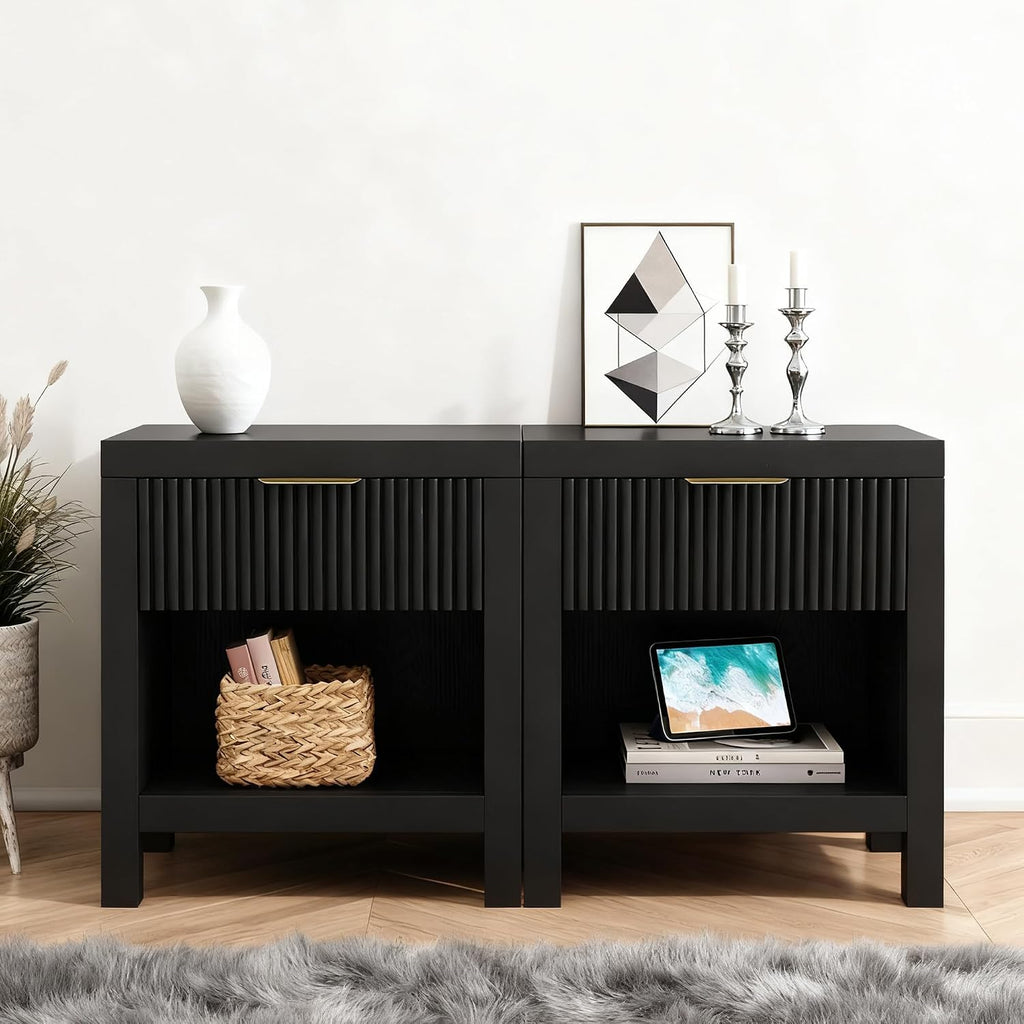 End Table Set of 2 with Storage, Small End Table, Wood Bedside Table with Drawer and Opening Storage, Nightstand Accent Table for Living Room, Bedroom, Black