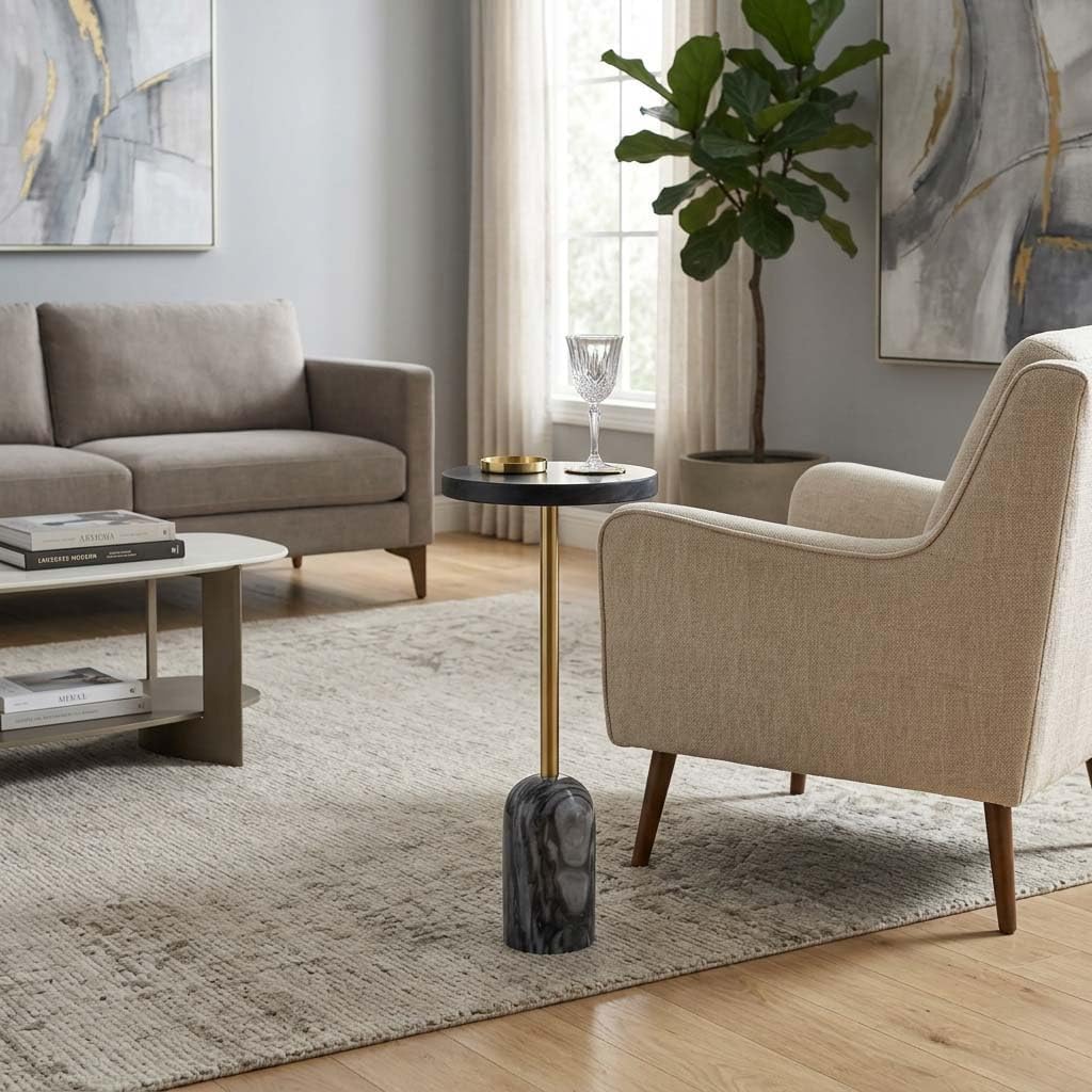 Home Decor End Table, Side Table, or Small Night Stand - Slim Bedside Table with Marble Pedestal for Office, Bedroom, or Living Room - Minimalist Modern Accent Table for Small Spaces - 27" Gray & Gold