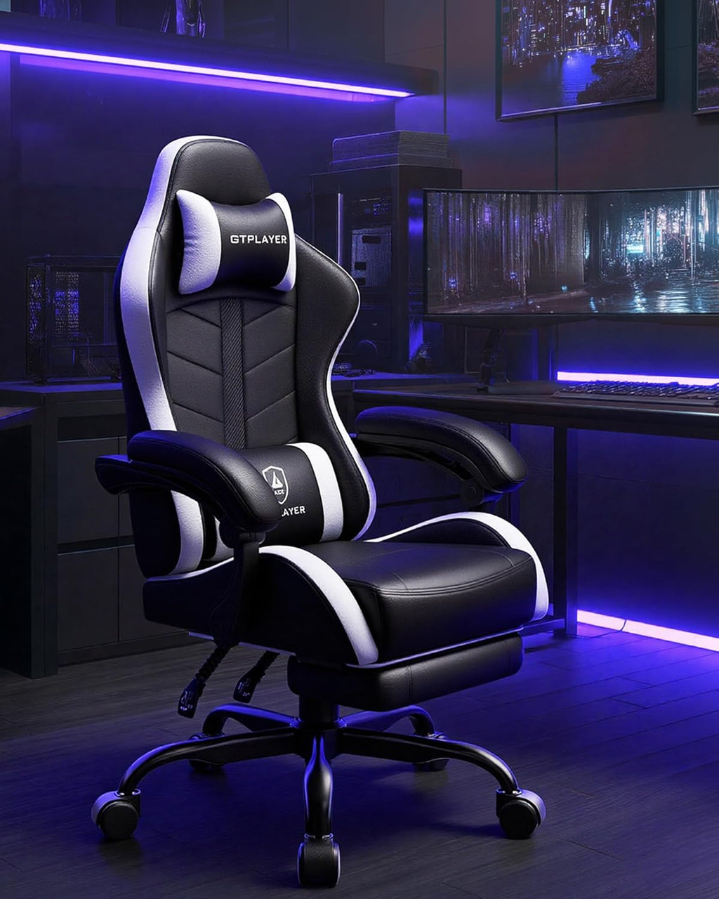 GTPLAYER Gaming Chair for Adults, Ergonomic Computer Gaming Chair with Footrest, Height Adjustable, 90-155° Recline & Removable Headrest Lumbar Support, Snow White