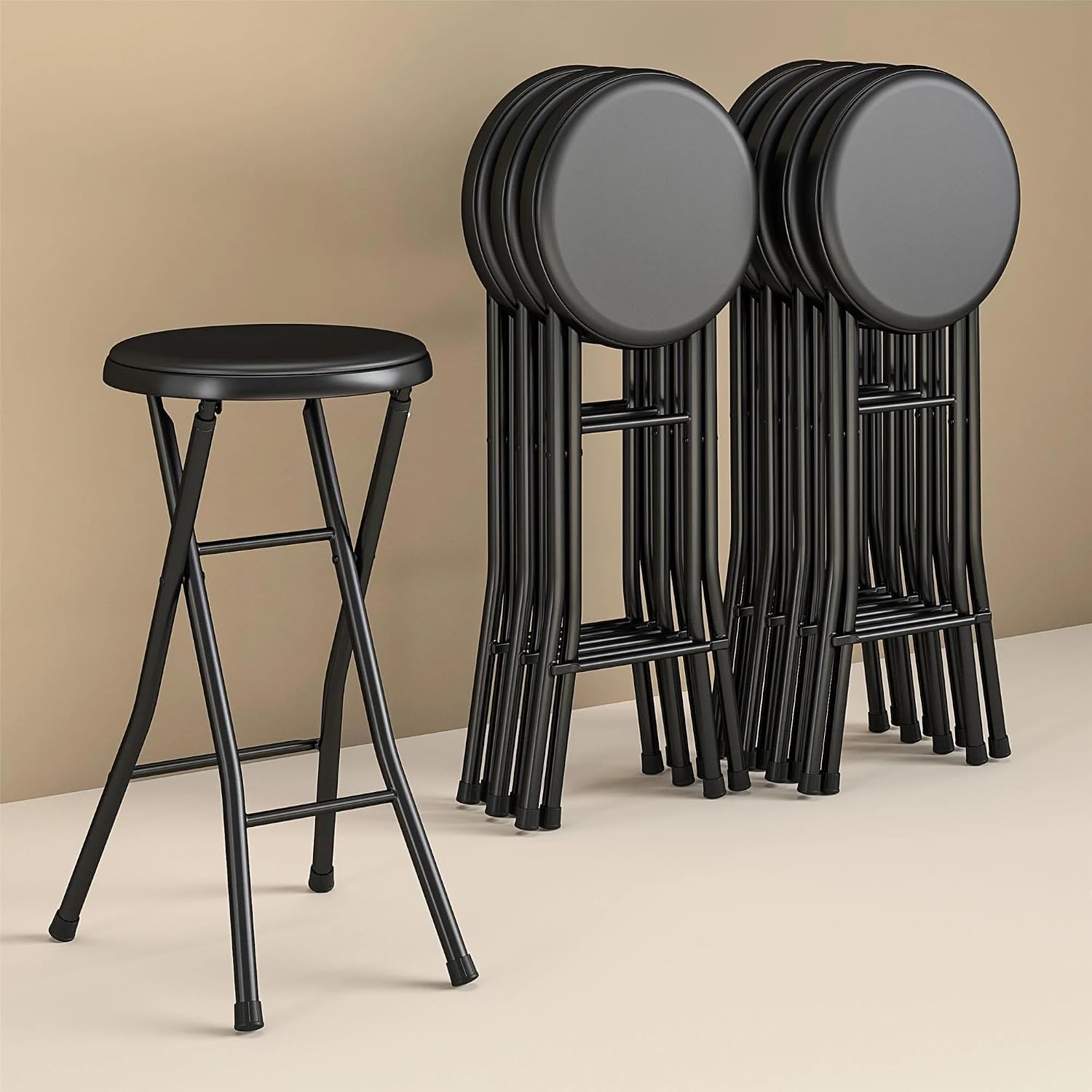 Folding Stool, Metal Frame Indoor Outdoor Portable Seat with Non-Slip Feet, Black