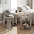 19.7" Luxury Round Silver End Table with 2-Tier Clear Tempered Glass Shelves, Modern Sofa Bedside Table for Living Room Bedroom Home Office, Polished Stainless Steel Frame