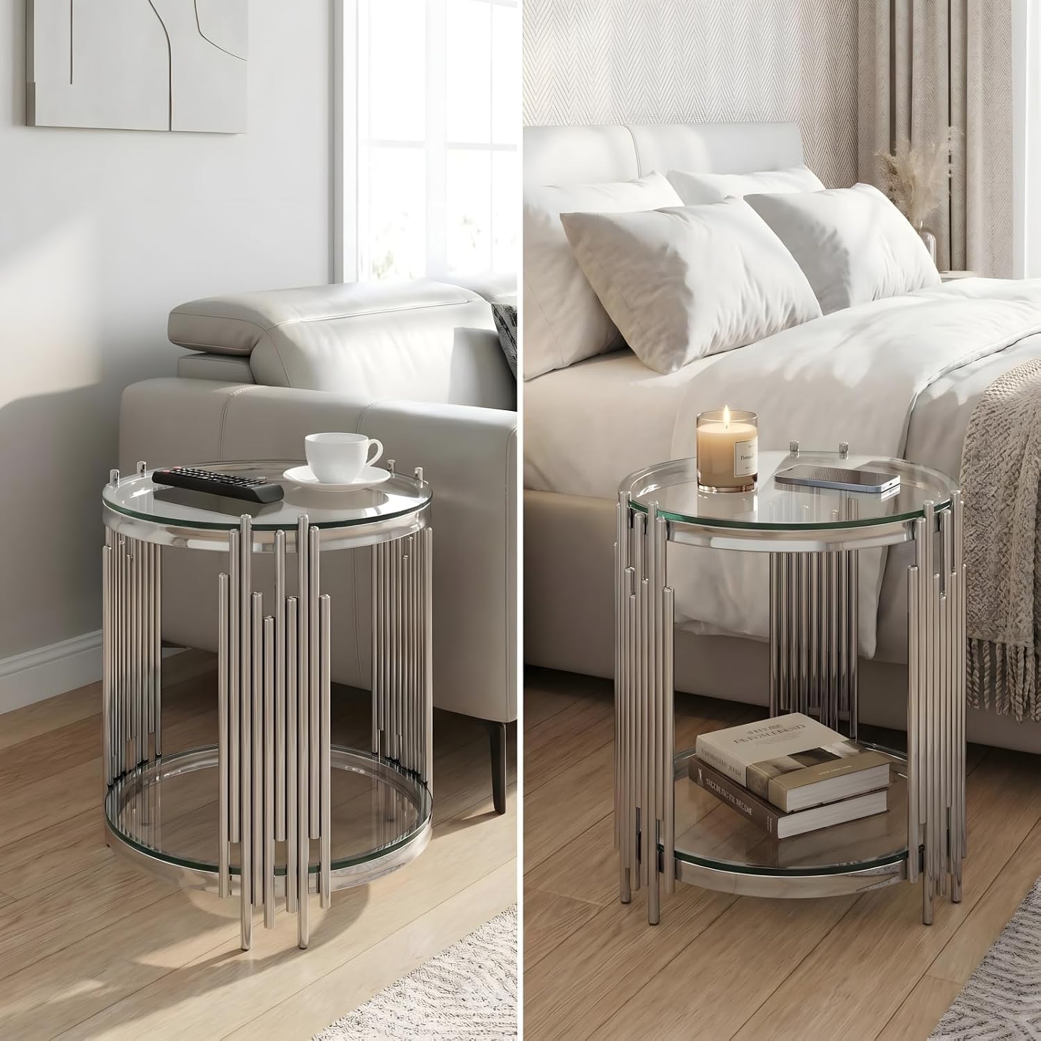 19.7" Luxury Round Silver End Table with 2-Tier Clear Tempered Glass Shelves, Modern Sofa Bedside Table for Living Room Bedroom Home Office, Polished Stainless Steel Frame