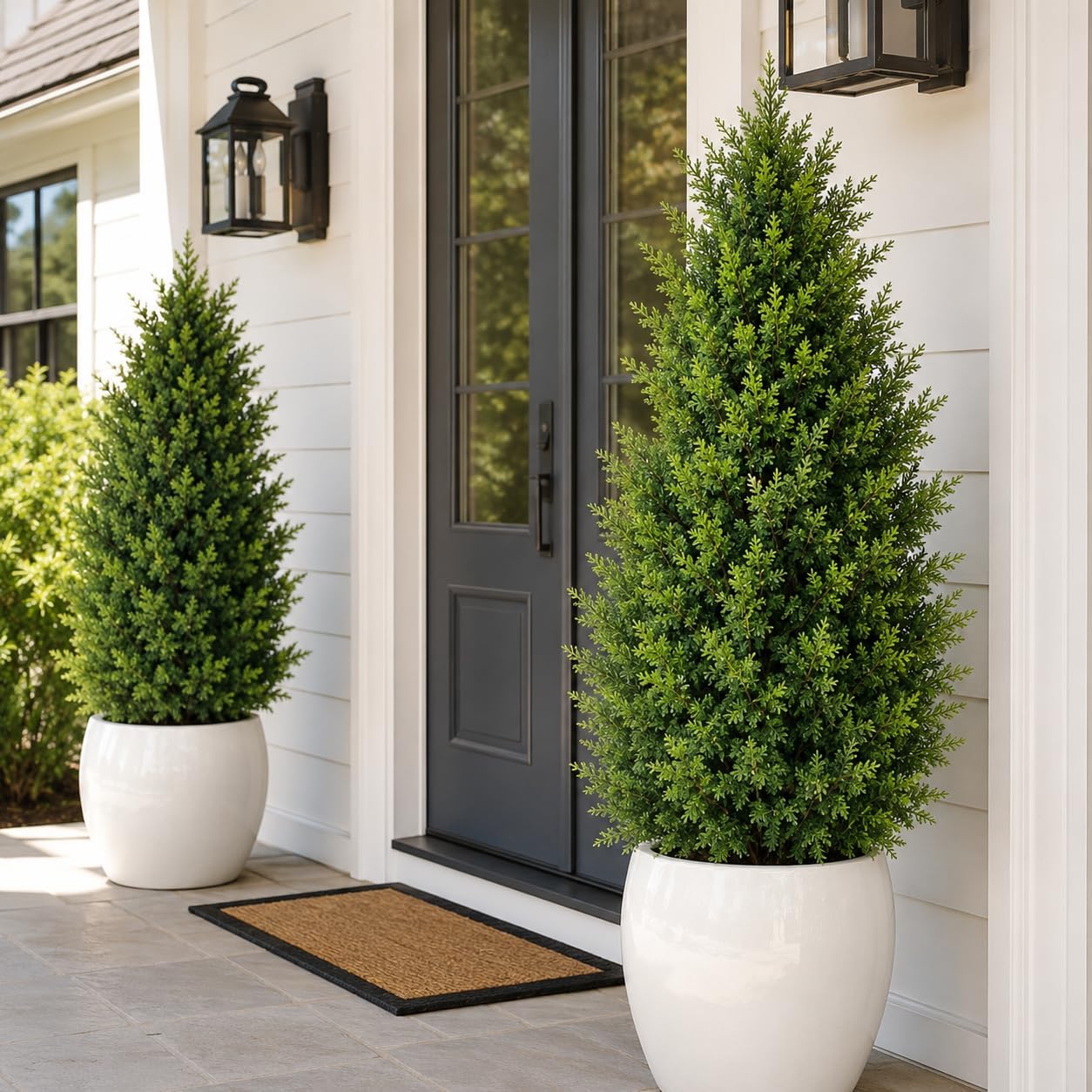 4FT Artificial Topiary Cedar Trees Outdoor, Realistic Faux Pine Shrubs Plants, UV Resistant Fake Evergreen Plants for Front Porch Decor, Artificial Bushes Cypress for Home Offices, Set of 2