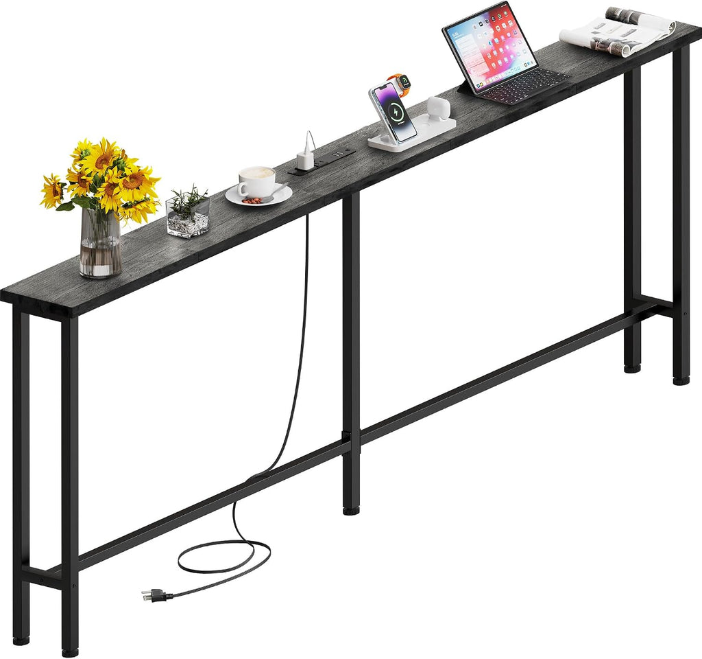 GRLEAF 78" Sofa Table with Built-in Power Strip (2 AC Outlets & 2 USB Ports) – 4.9ft Power Cord, Metal Frame, Easy Assembly, Long Couch Table Behind Sofa, Living Room and Home Office | Charcoal Gray