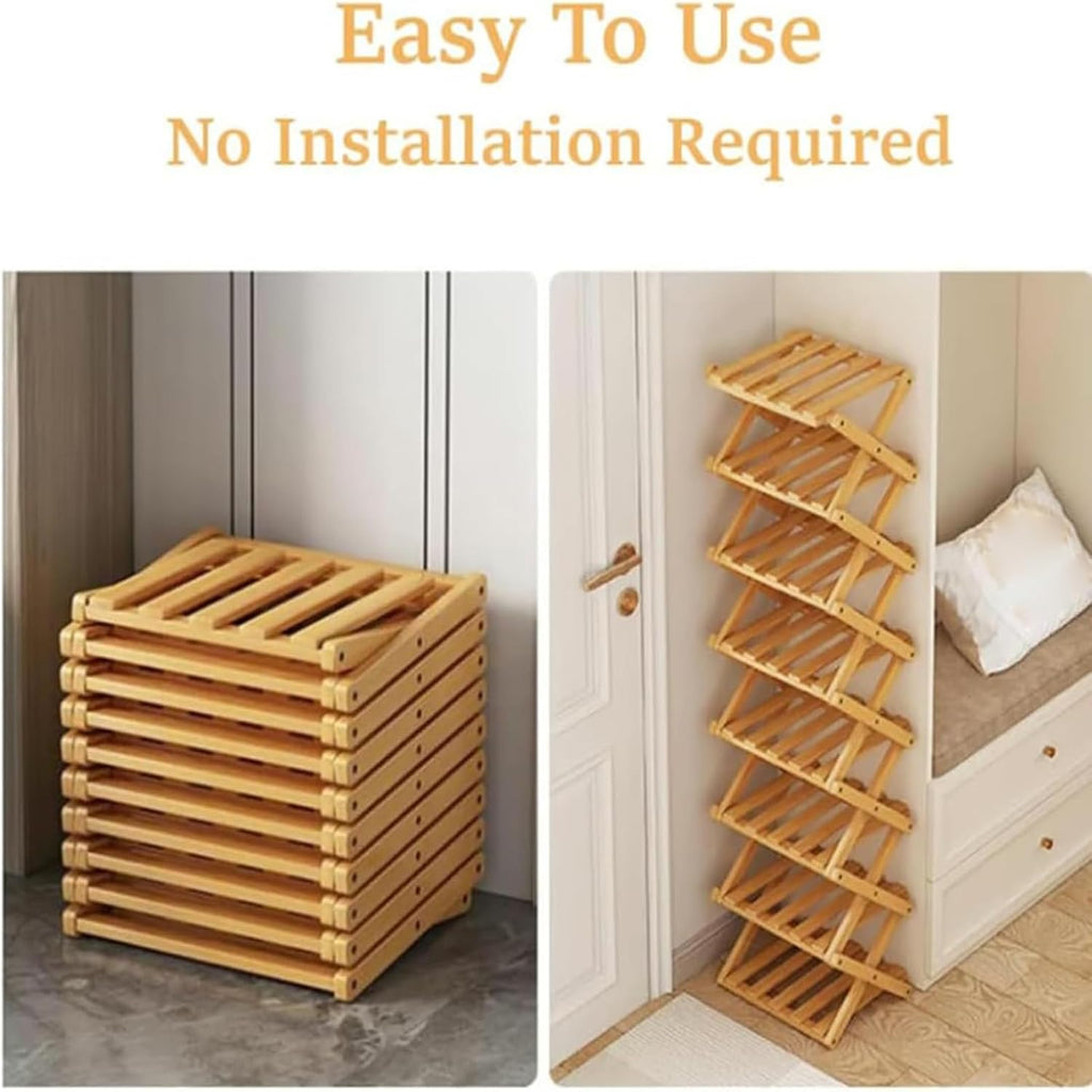 9 Tier Bamboo Shoe Rack, The 9-Tier No-Assembly Bamboo Rack, Foldable Accordion Corner Shoe Shelf, Narrow Standing Closet Shoe Organizer for Shoes, Books, Save Space, Easy to Use (Nature, 9 Tier)