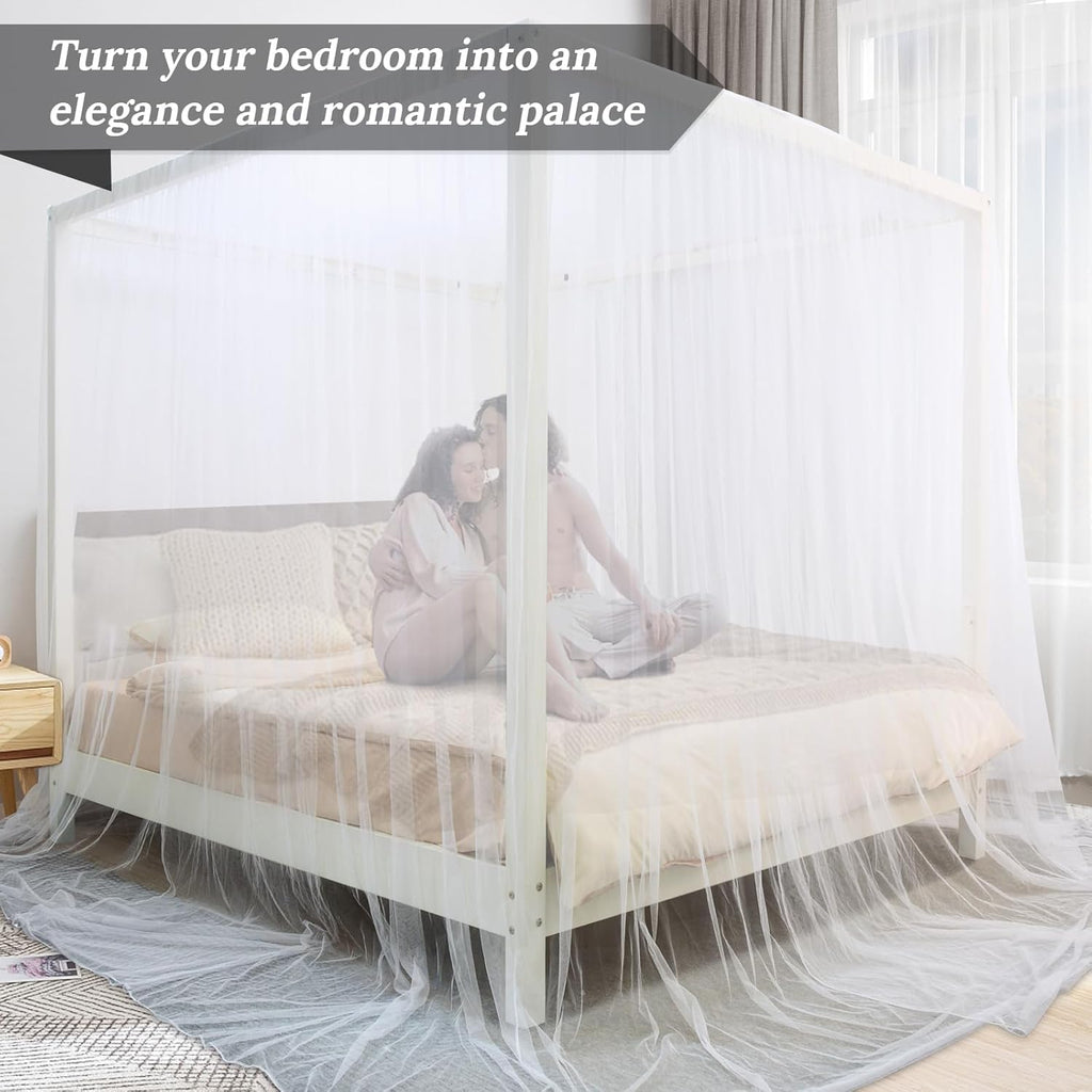 South to East White Canopy Bed Curtains, 4 Corner Post Bed Canopy for Girls & Adults, Top Luxurious Bed Drapes for Bedroom Decoration, 4 Openings, 100% Ripstop Polyester, Easy Install, King Size