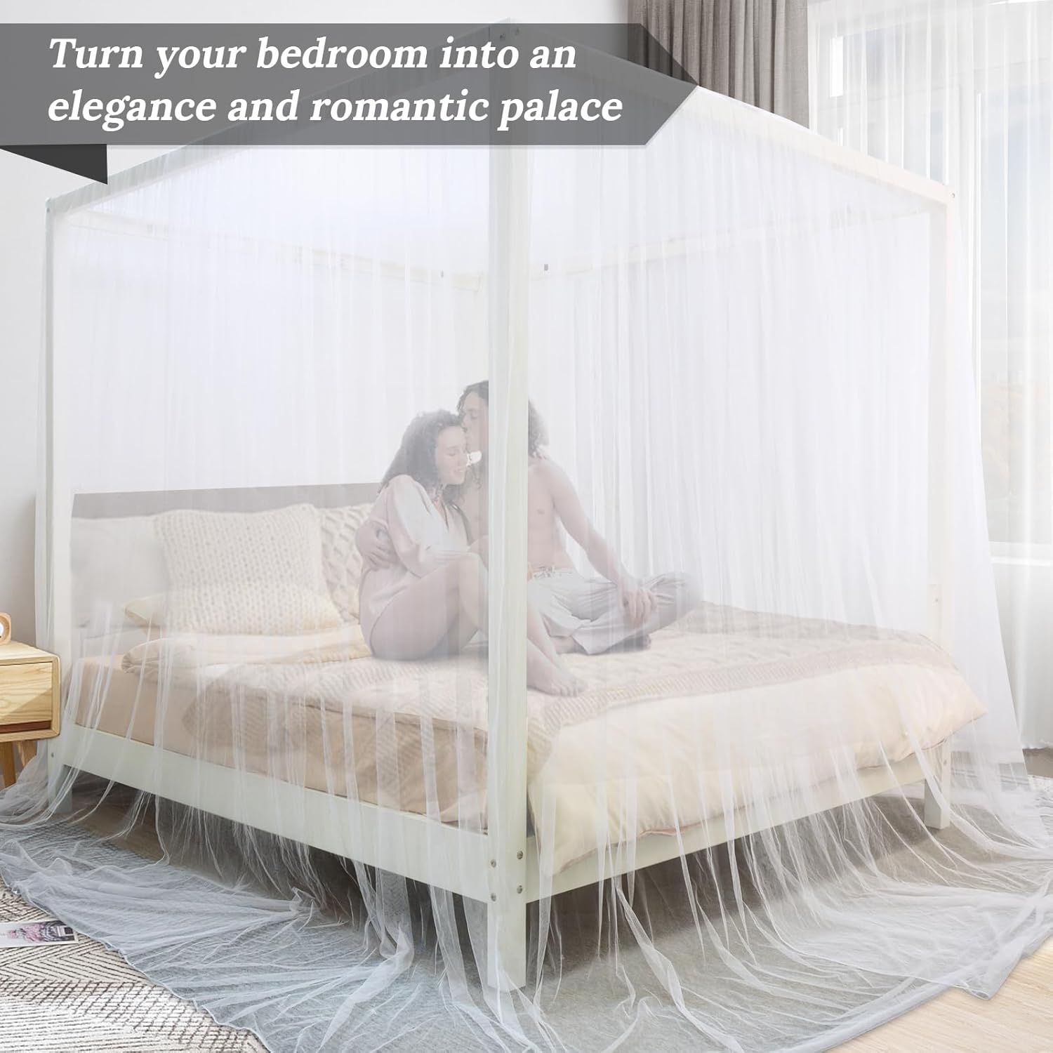 South to East White Canopy Bed Curtains, 4 Corner Post Bed Canopy for Girls & Adults, Top Luxurious Bed Drapes for Bedroom Decoration, 4 Openings, 100% Ripstop Polyester, Easy Install, King Size