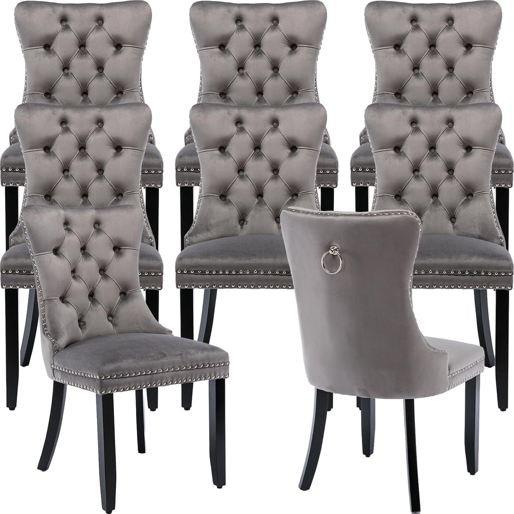 ODUSE-DAILY Gray Velvet Dining Chairs Set of 8, Kitchen & Dining Room Chairs Set of 8, Tufted Velvet Upholstered Dining Chairs, Solid Wood Frame (Gray, 8 Pcs)