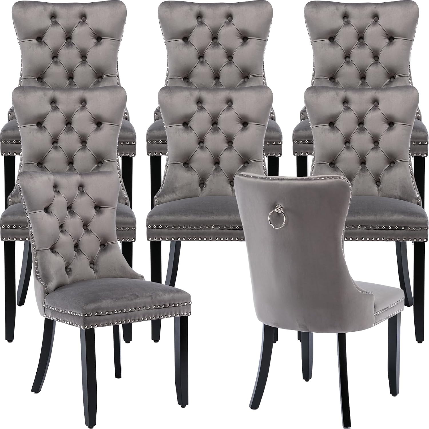 ODUSE-DAILY Gray Velvet Dining Chairs Set of 8, Kitchen & Dining Room Chairs Set of 8, Tufted Velvet Upholstered Dining Chairs, Solid Wood Frame (Gray, 8 Pcs)