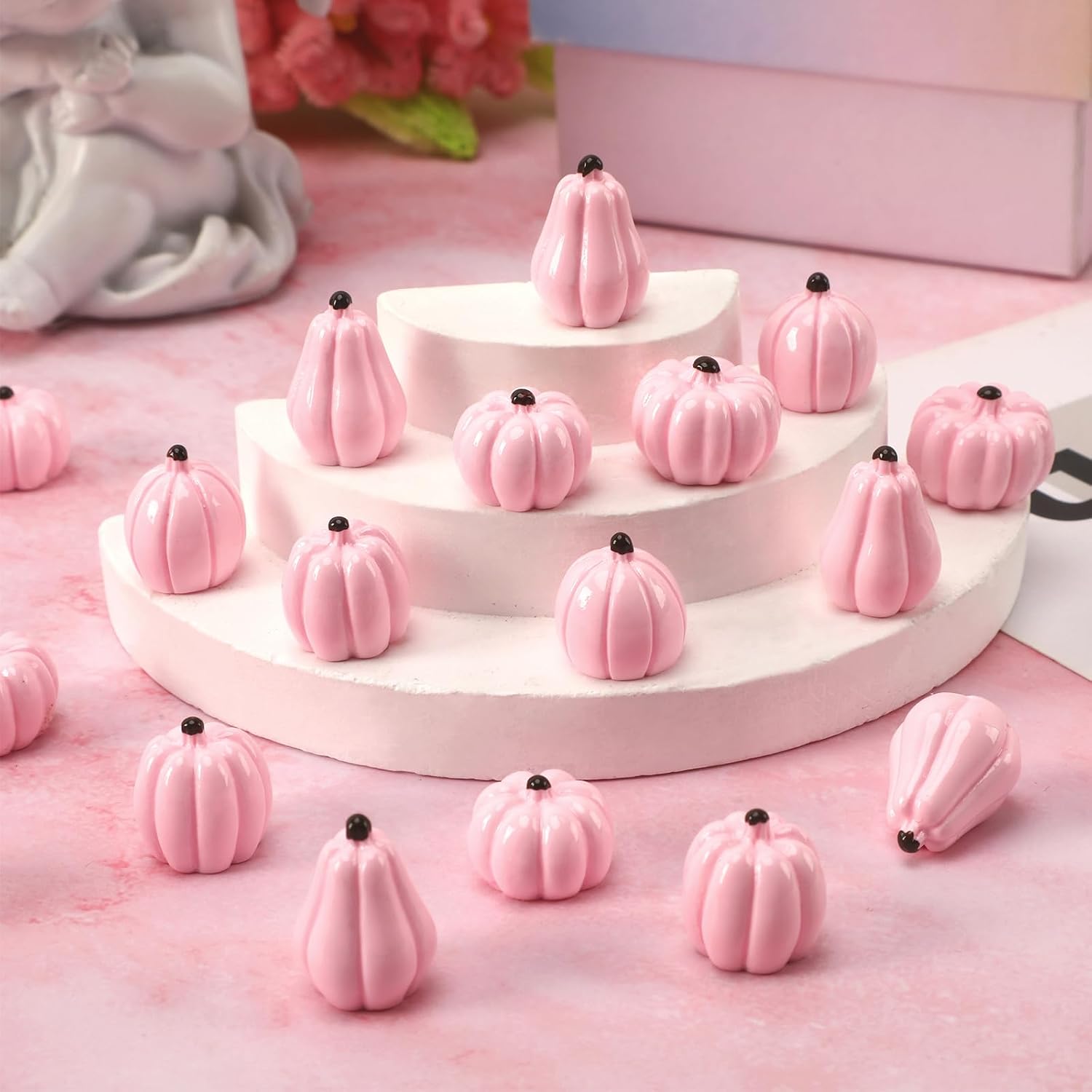 60Pack Mini Pink Resin Pumpkins for Halloween Fall Decorating | Tiny Resin Pumpkins, Halloween Fall Thanksgiving Table, DIY Crafts Vase Fillers, 60Pcs Mini Fake Artificial Pumpkins