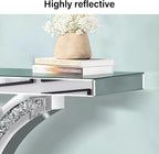 Silver Mirrored Console Table with Crushed Diamond Inlay, 39.4'' Long Glass Entryway Sofa Table, C-Shaped Base Modern Accent Narrow Table for Living Room, Hallway, Foyer, Entrance