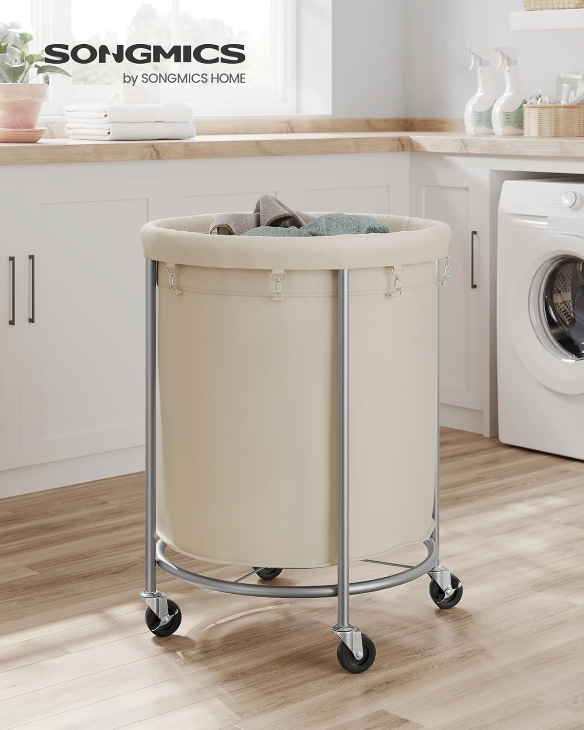 SONGMICS 50.2-Gallon (190 L) Laundry Basket with Wheels, Rolling Round Heavy-Duty Laundry Hamper Cart with Steel Frame and Removable Bag, 2 Locking, White and Metallic Silver, URLS01MZ