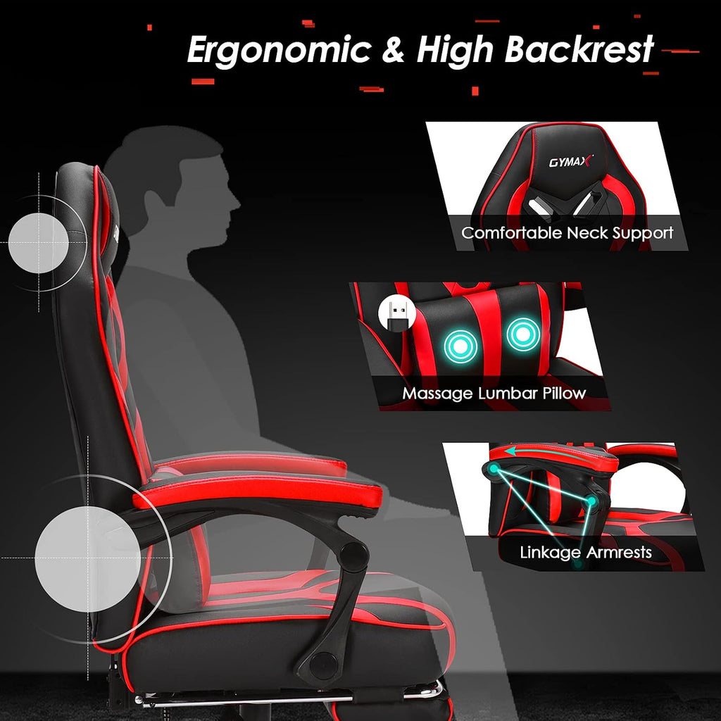 GYMAX Gaming Chair Office Chair, Adjustable Swivel Racing Style Computer Chair with Massage Lumbar Support, Headrest Armrest & Retractable Footrest, Video Gaming Chair for Home Theatre (Red)