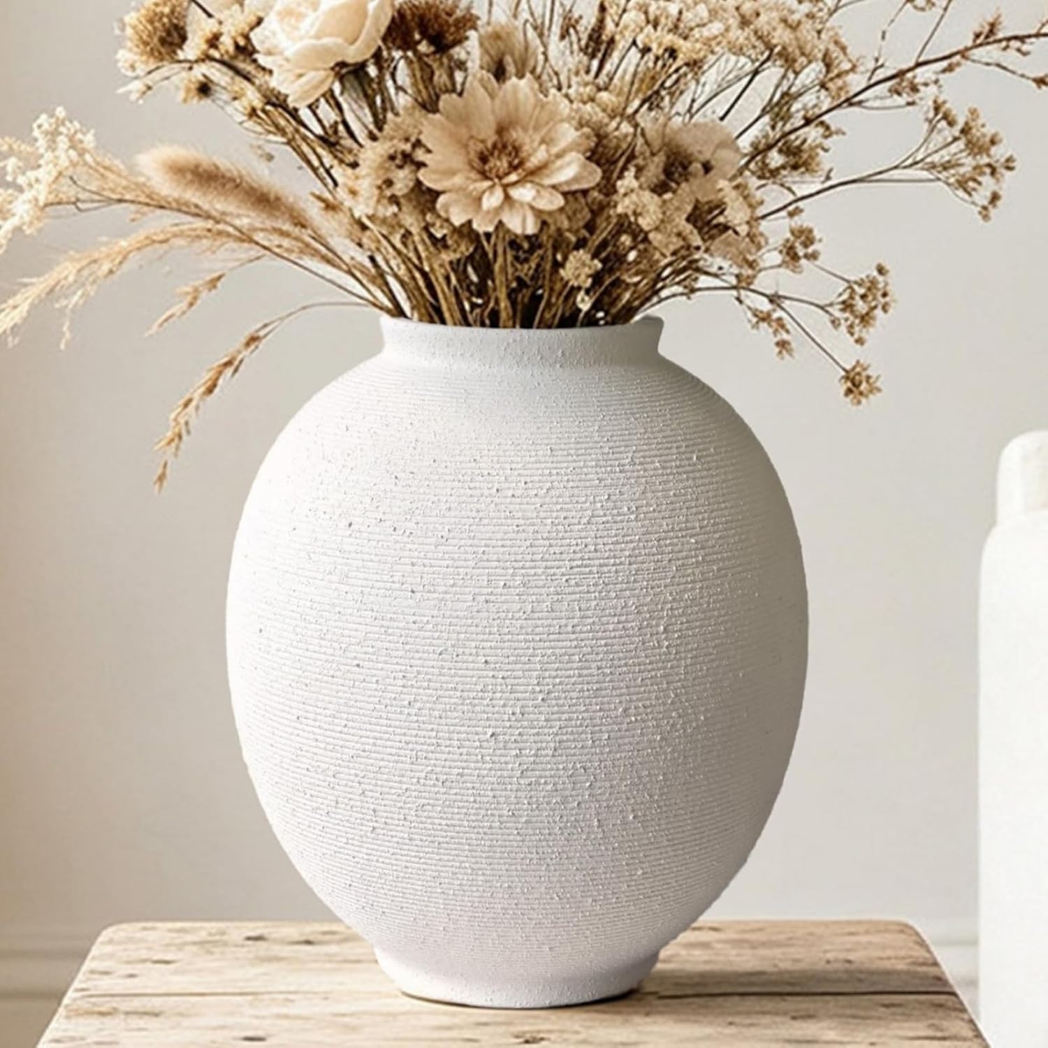 White Ceramic Vase, 9.8" Large, Round, Sandstone White | Farmhouse Style, Hand-Made Textured, Minimalist Design, Home Decor