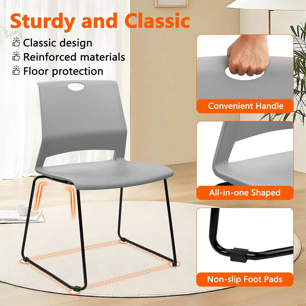 KLASIKA Stackable Guest Reception Chairs, Stacking Office Chair with Ergonomic Lumbar Support & Metal Legs, Plastic Desk Chairs for Conference School Church Waiting Meeting Break Room Set of 8, Gray