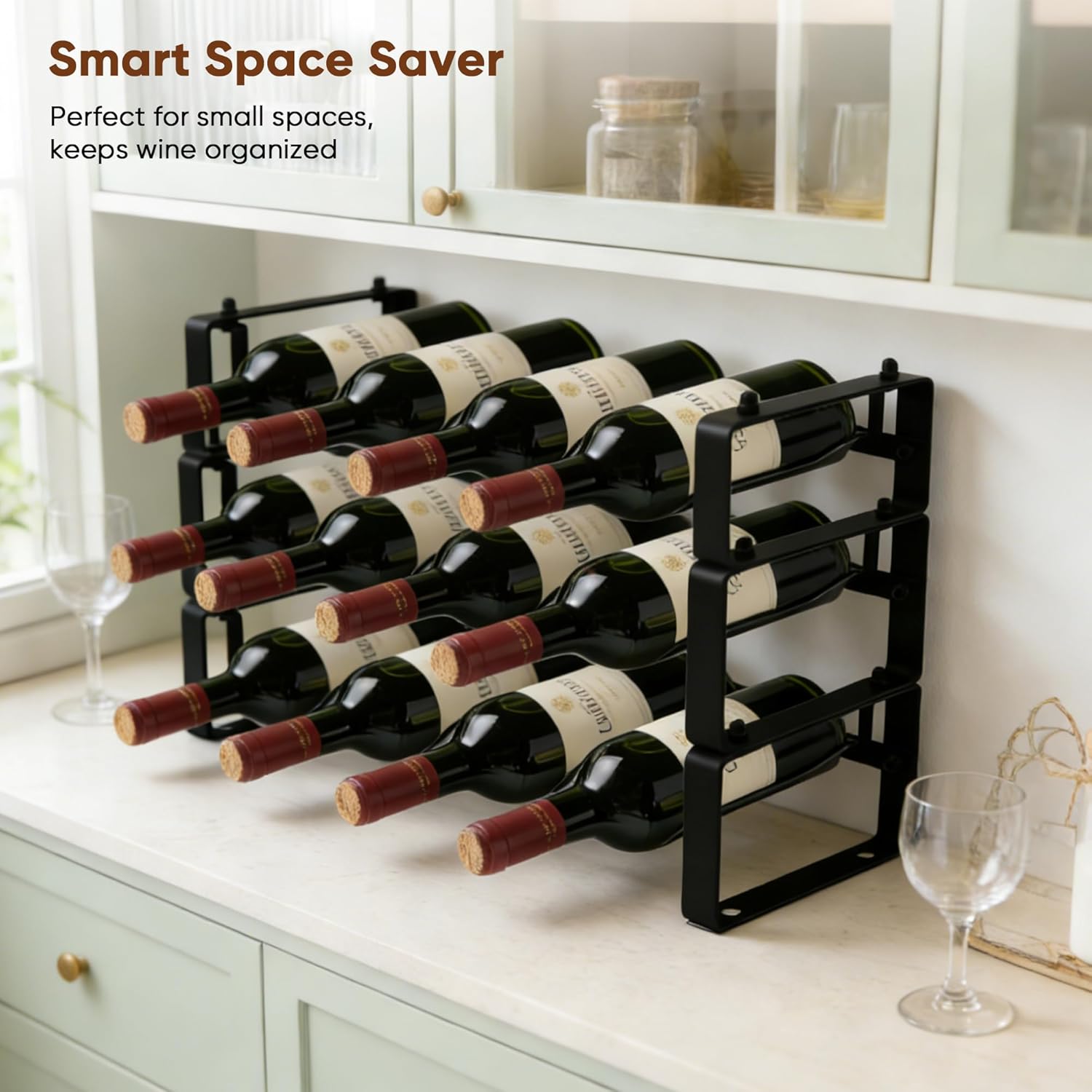 Wine Rack for Countertop – Stackable Freestanding Bottle Organizer for Kitchen, Pantry, Bar Cabinet & Small Spaces – Compact Metal Shelf & Modular Storage Stand (3-Tier)