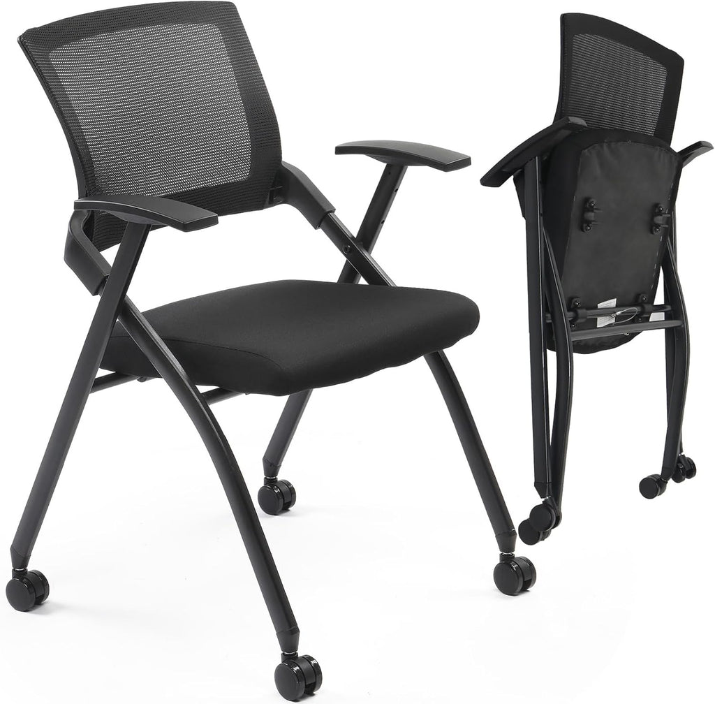 1 Pack Stackable Folding Office Chair with Wheels, Ergonomic Mesh Conference Room Guest Chair Stool for Waiting, Training Rooms, Reception, Events, Capacity 350lbs