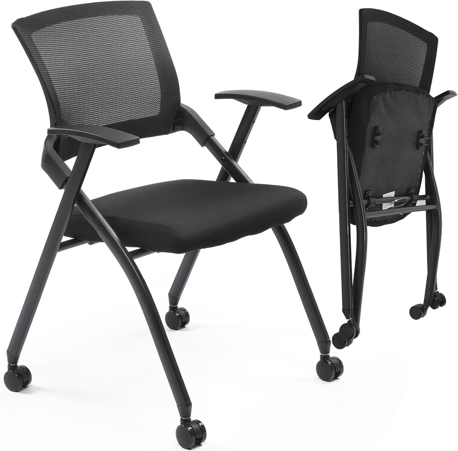 1 Pack Stackable Folding Office Chair with Wheels, Ergonomic Mesh Conference Room Guest Chair Stool for Waiting, Training Rooms, Reception, Events, Capacity 350lbs