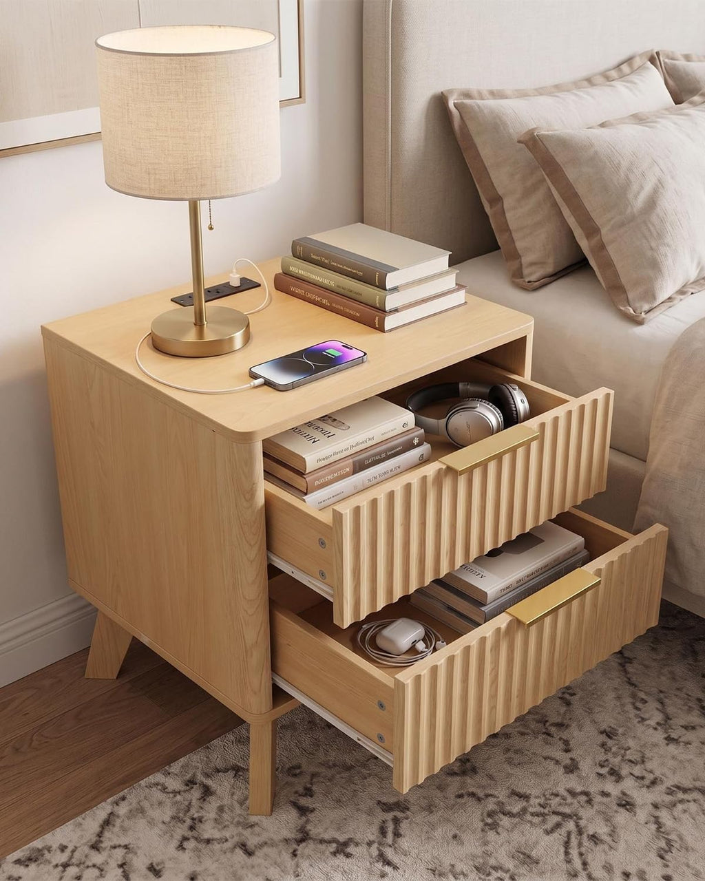 IDEALHOUSE 18 Inch Fluted End Table with Charging Station, 2 Drawers Side Table, Curved Nightstand for Bedroom, Living Room, Small Spaces, Natural Oak