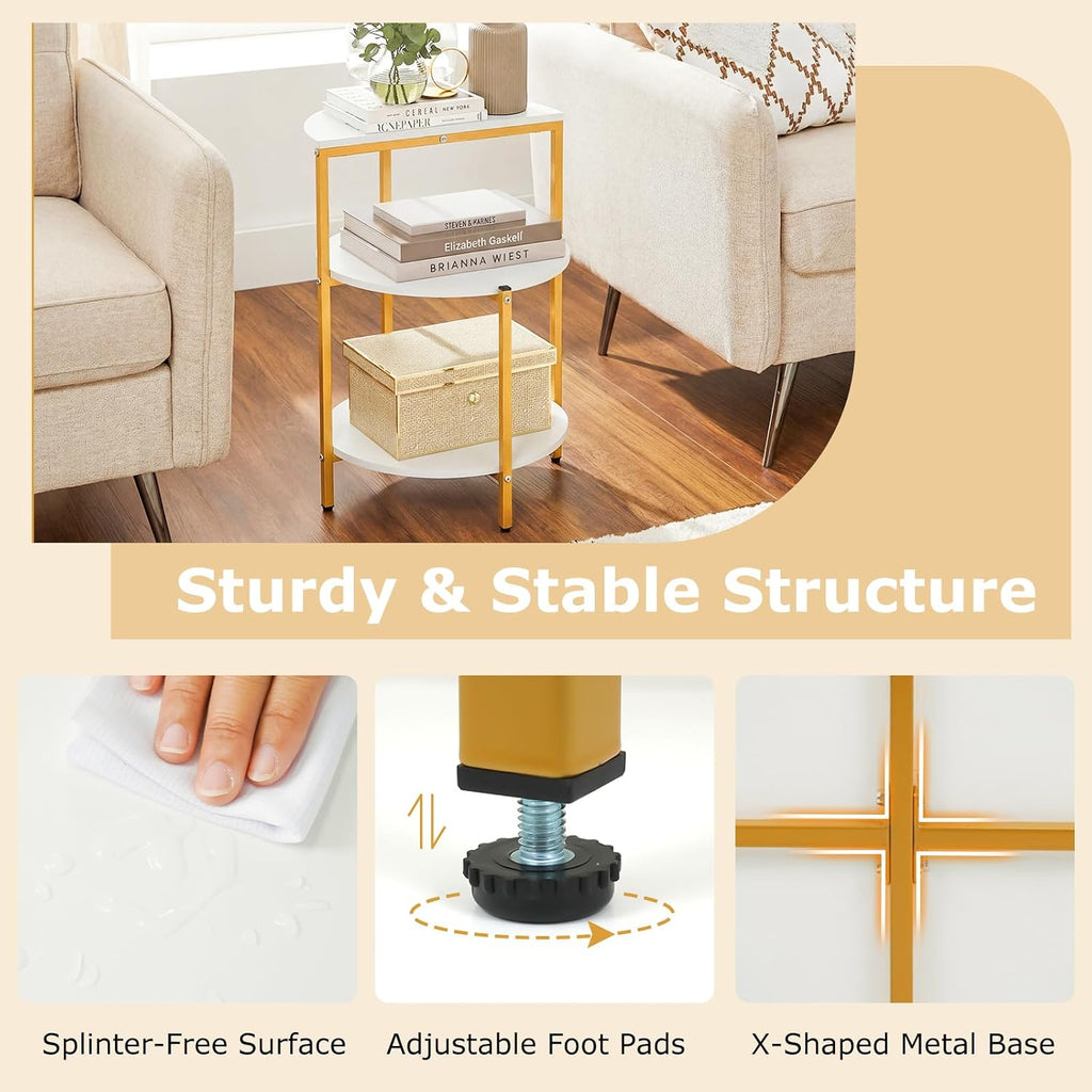 GOFLAME Gold End Table, Round Sofa Side Table with Storage Shelves 3-Tier, Metal Frame, Modern Bedside Tables, Narrow Compact Nightstand for Small Spaces, Living Room, Bedroom, White & Gold (2)