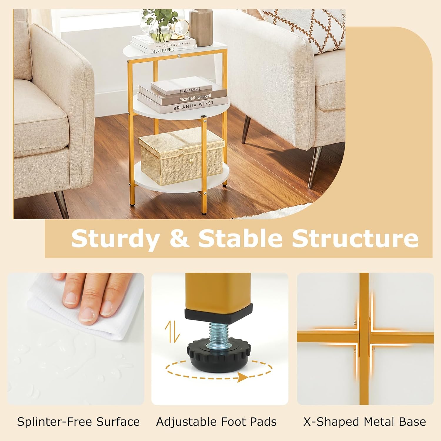 GOFLAME Gold End Table, Round Sofa Side Table with Storage Shelves 3-Tier, Metal Frame, Modern Bedside Tables, Narrow Compact Nightstand for Small Spaces, Living Room, Bedroom, White & Gold (2)