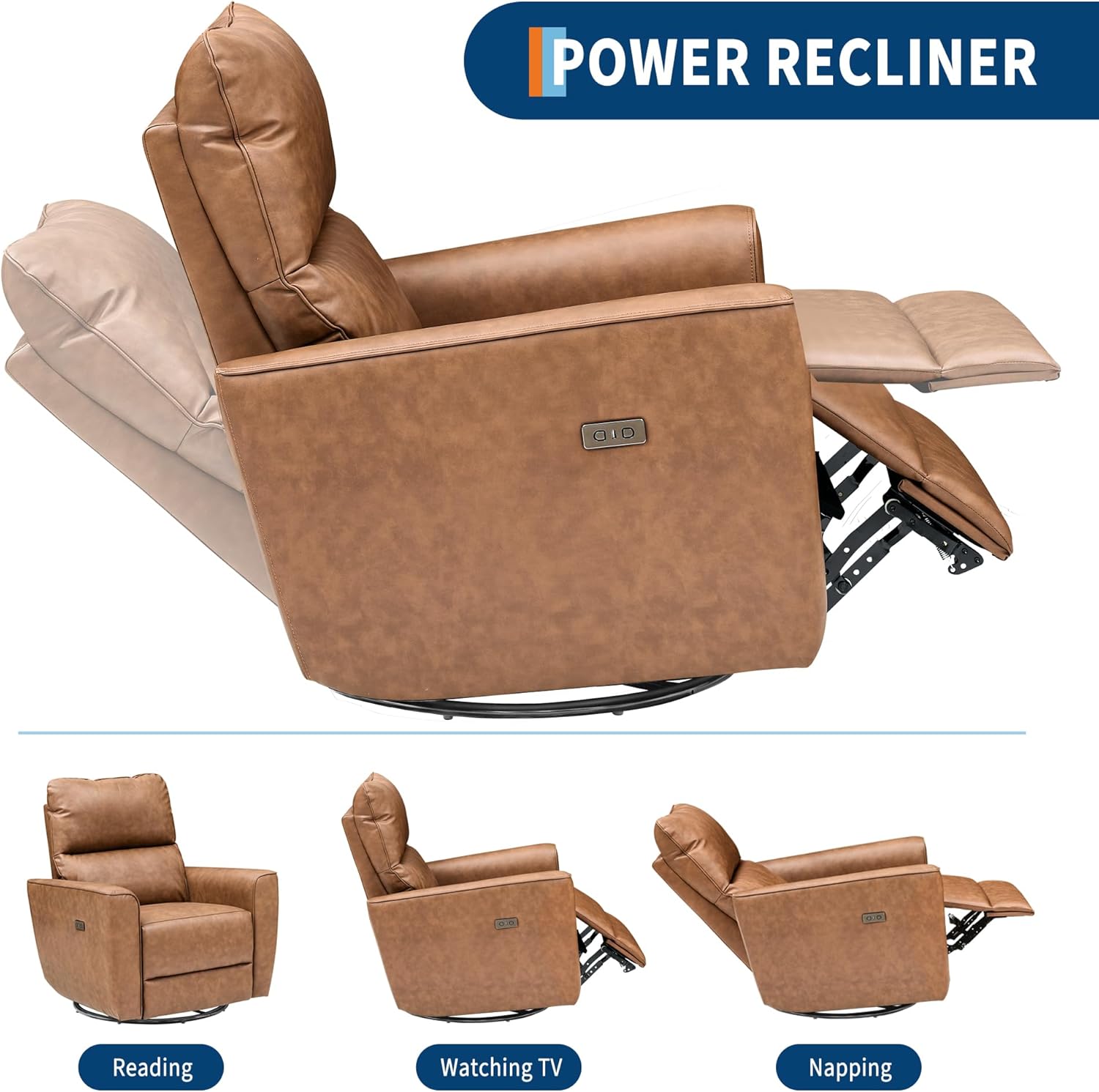 Power Recliner Chair, 270° Swivel Rocking Glider with USB Charging Port, PU Leather Upholstered Fabric, Ergonomic Modern Nursery Chair for Living Room, Bedroom, Nursery (Power Brown)
