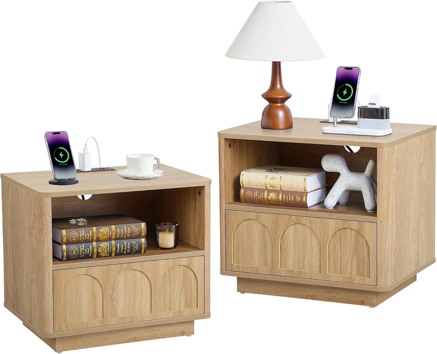 Small Nightstand Set of 2 with Charging Station, Accent Bedside Nightstand with Drawer, Mid Century Modern Bedroom Side Bed Table with Storage for Dorm, Living Room, Couch, Office - Natural