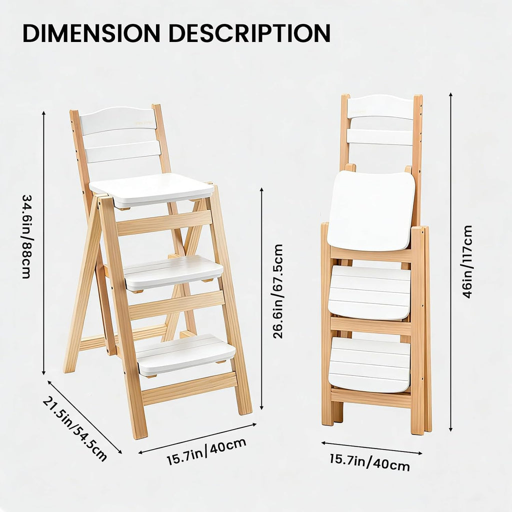 Wooden Folding Step Stool Chair, Solid Pine Wood 3-Step Ladder Stool with Seat, Multi-Purpose Step Chair for Kitchen, Home, Pantry or Bar Use(Wooden)