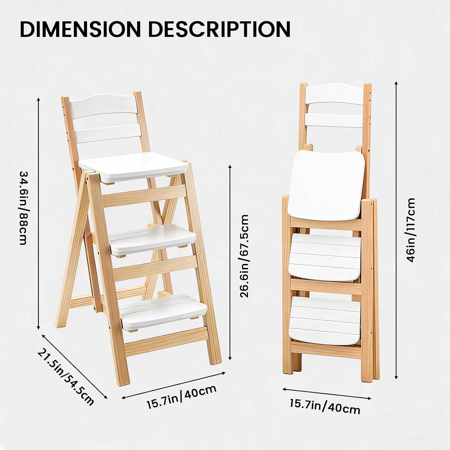 Wooden Folding Step Stool Chair, Solid Pine Wood 3-Step Ladder Stool with Seat, Multi-Purpose Step Chair for Kitchen, Home, Pantry or Bar Use(Wooden)