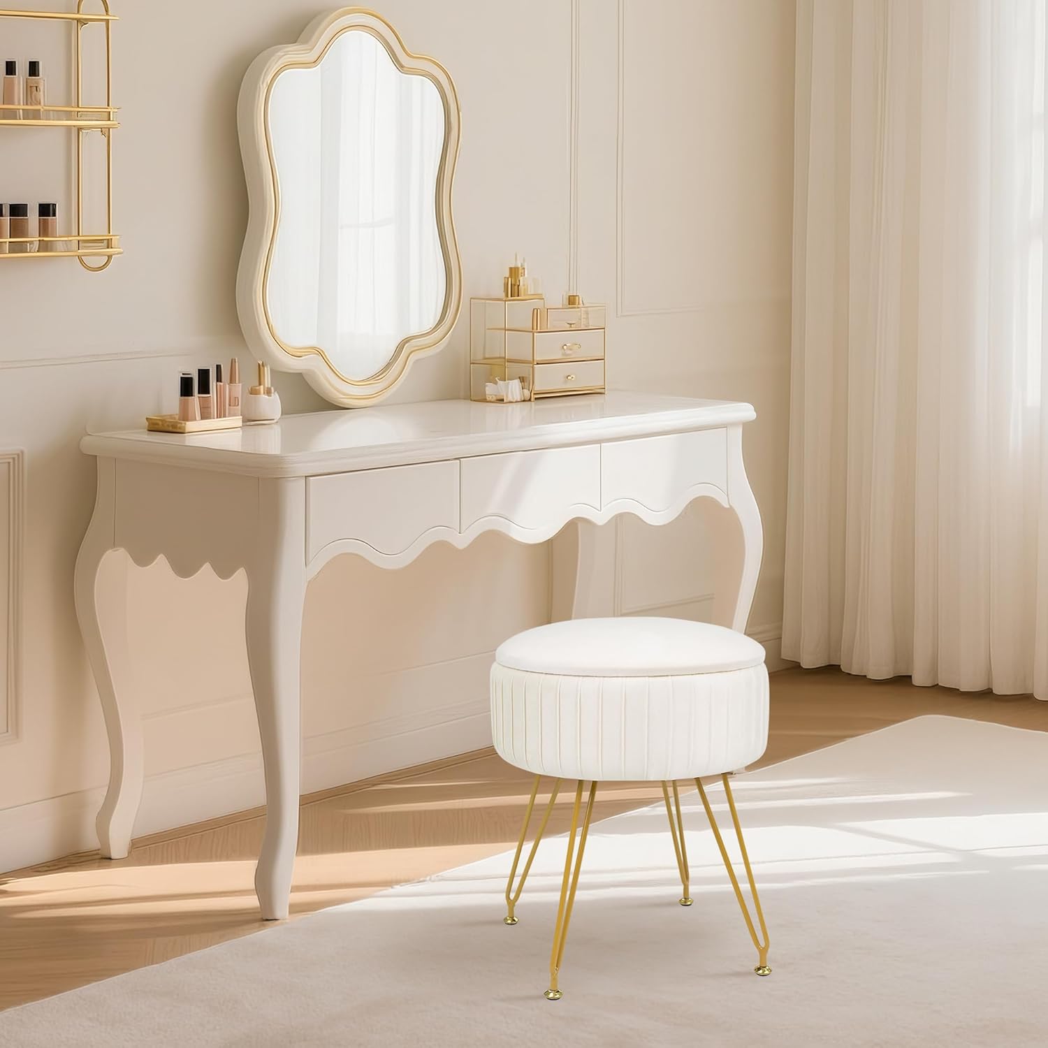 Round Vanity Stool with Storage Ottoman,Vanity Chair for Makeup Room with Removable Cover, Small Footrest Ottoman for Home, Living Room, Bedroom (Beige)
