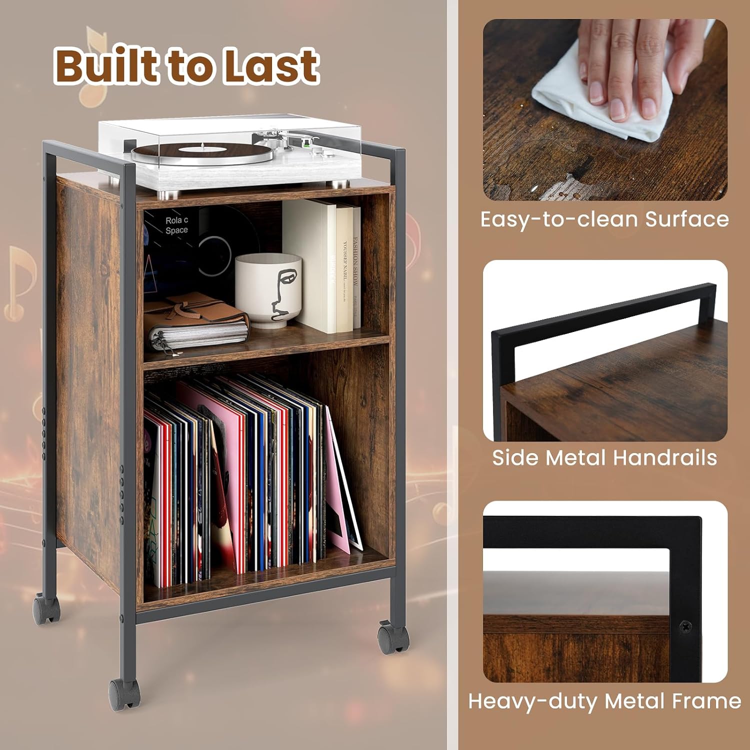 Giantex Record Player Stand with Charging Station, Mobile Turntable Stand with Record Storage & 4 Rolling Wheels, 3-Tier Vinyl Record Storage w/ Open Shelves & Dividers for Living Room, Rustic Brown