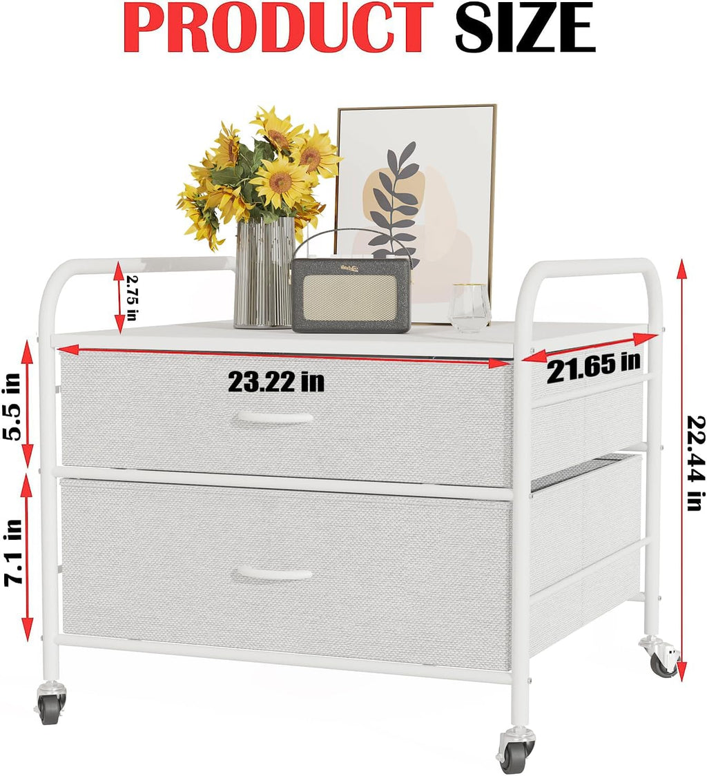 2 Drawer Dresser, 120LBS Fabric Storage Tower, 2 Drawer Storage Cart, Mini Fridge Stand with Storage, Metal Frame Iron Top, 4 Swivel Wheels for Home Kitchen, White