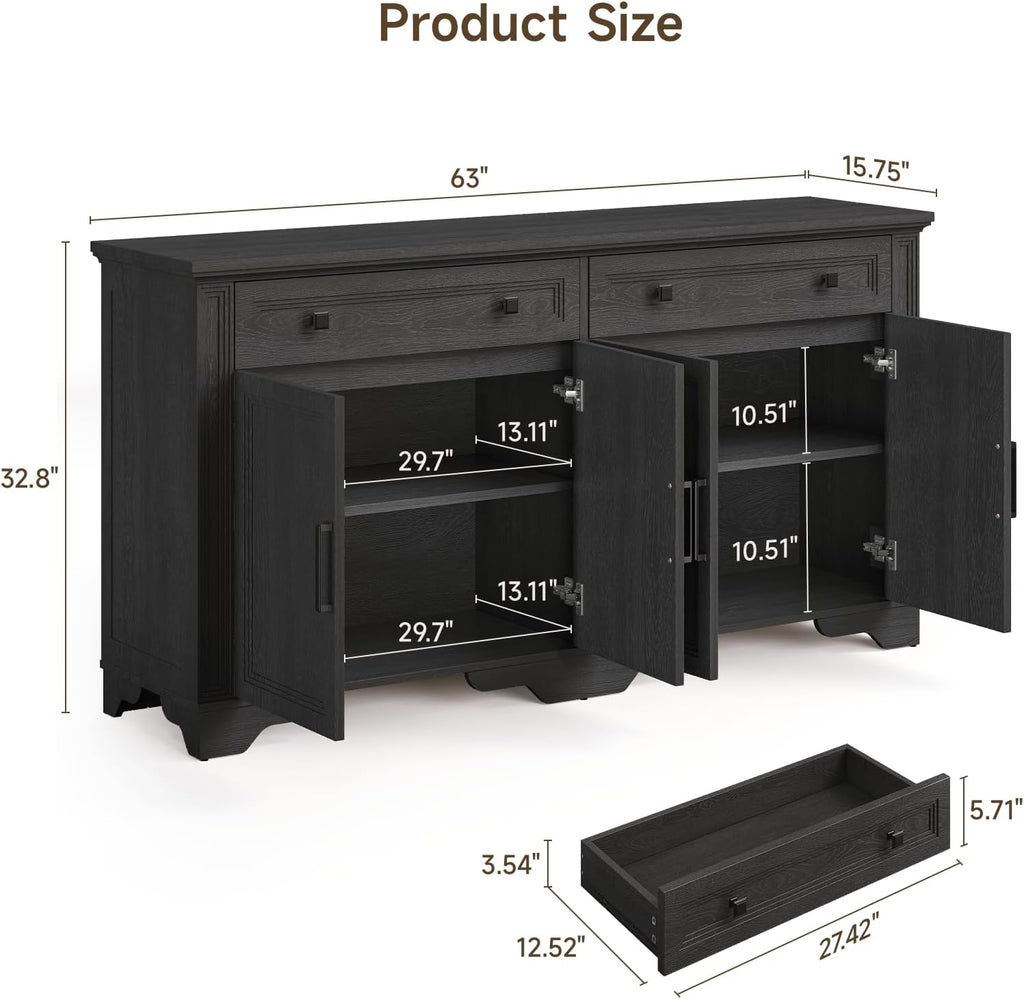 ONBRILL 63" Sideboard Buffet Cabinet, Kitchen Buffet Storage Cabinet, Large Credenza with Drawers & Doors, Wood Coffee Bar Console Wine Bar for Living Room Hallway Black