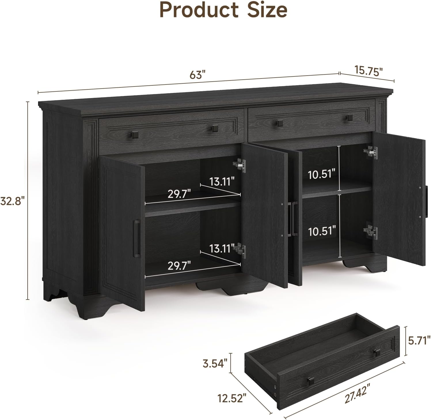ONBRILL 63" Sideboard Buffet Cabinet, Kitchen Buffet Storage Cabinet, Large Credenza with Drawers & Doors, Wood Coffee Bar Console Wine Bar for Living Room Hallway Black