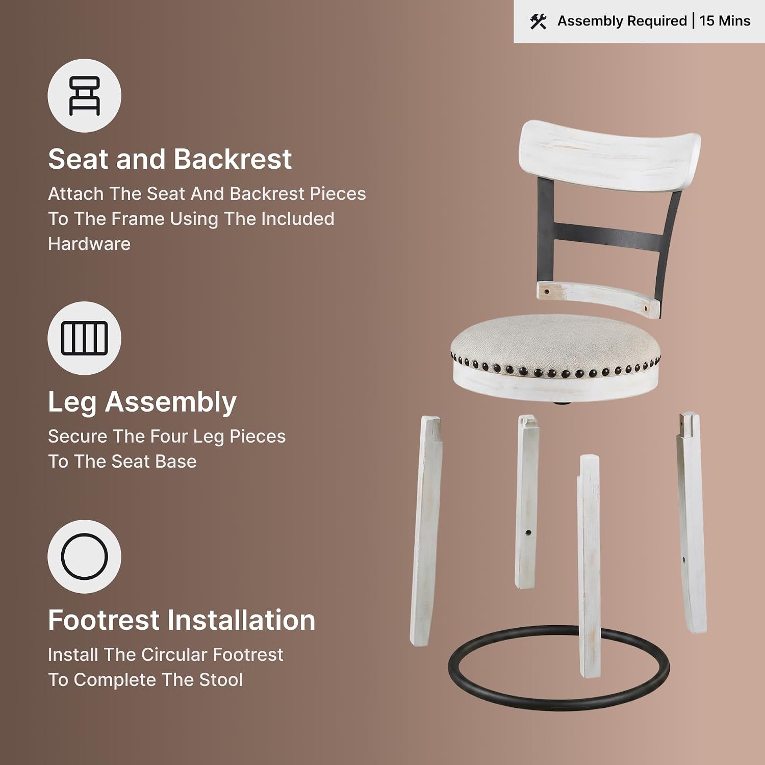 Signature Design by Ashley Valebeck Barstool, Rustic-Industrial Counter Height Chair, 360° Swivel, Wood & Metal Frame, Cushioned Seat, Ideal for Kitchen Island with Seating, Vintage White